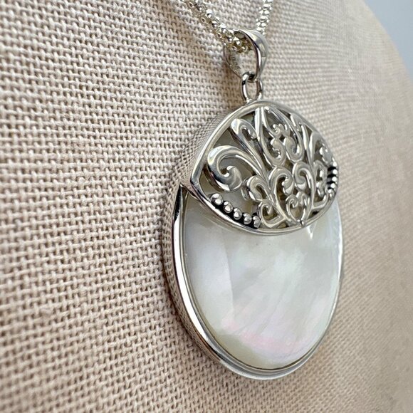 Sterling Silver 925 Mother of Pearl Scroll Pendant Necklace Size 23.5" Length - Picture 6 of 16